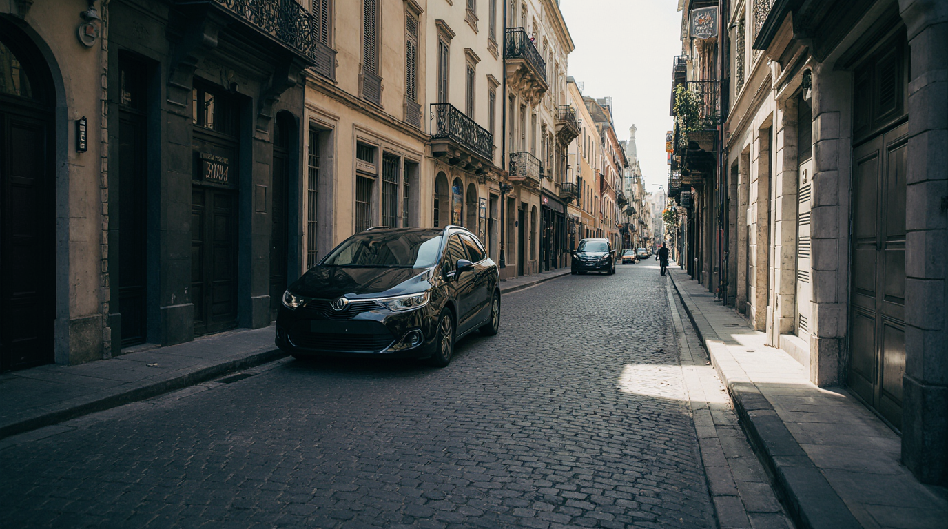 Coche aparcado en una calle urbana, representando los costes fijos de tener vehículo.