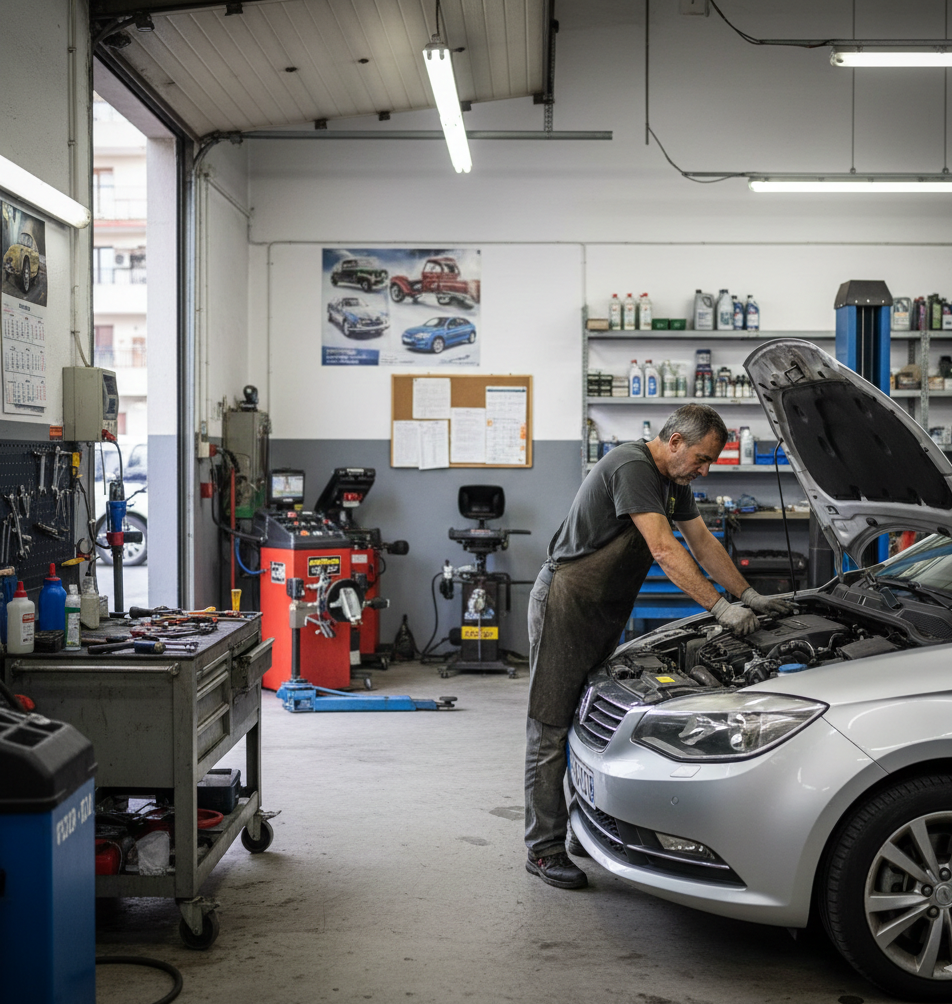 Pequeño taller mecánico independiente trabajando en un vehículo moderno durante una reparación cotidiana
