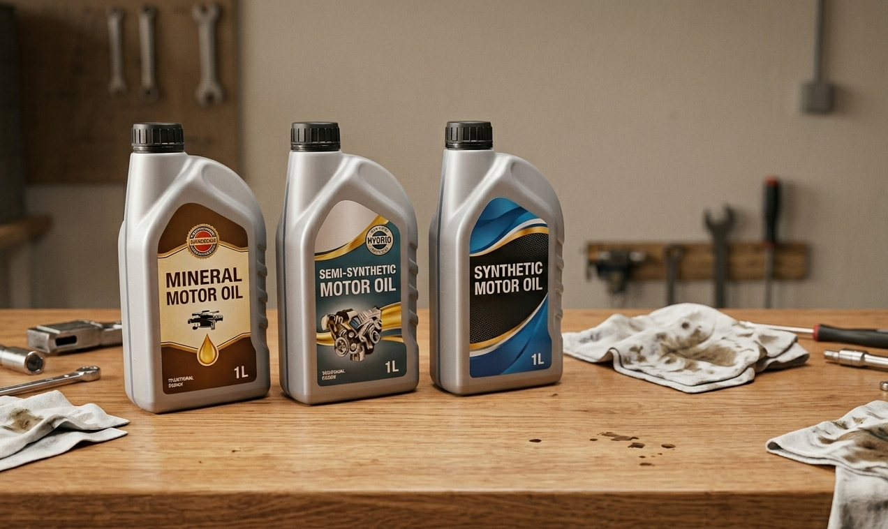 “Botes de aceite mineral, semisintético y sintético sobre un banco de trabajo junto a un motor en miniatura.”