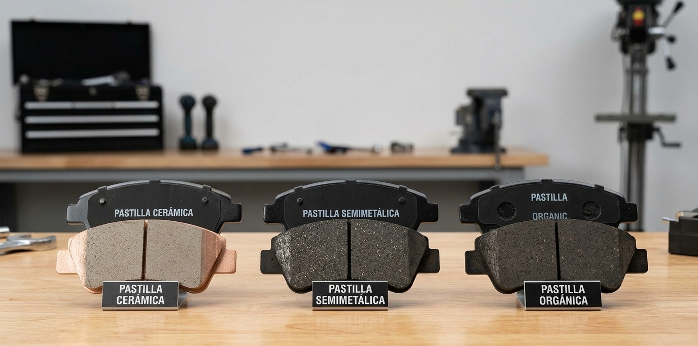 Comparación entre pastillas de freno cerámicas, semimetálicas y orgánicas para coche.