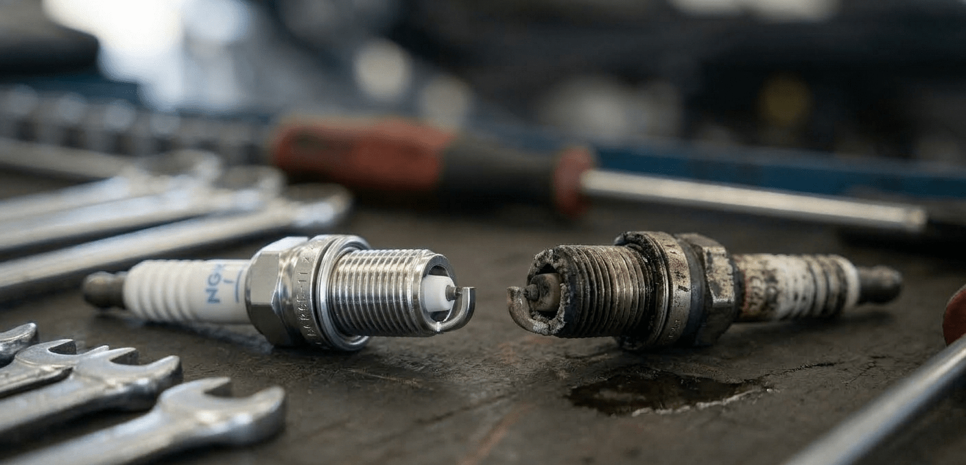 Comparación entre bujía nueva y bujía desgastada de un motor de gasolina.