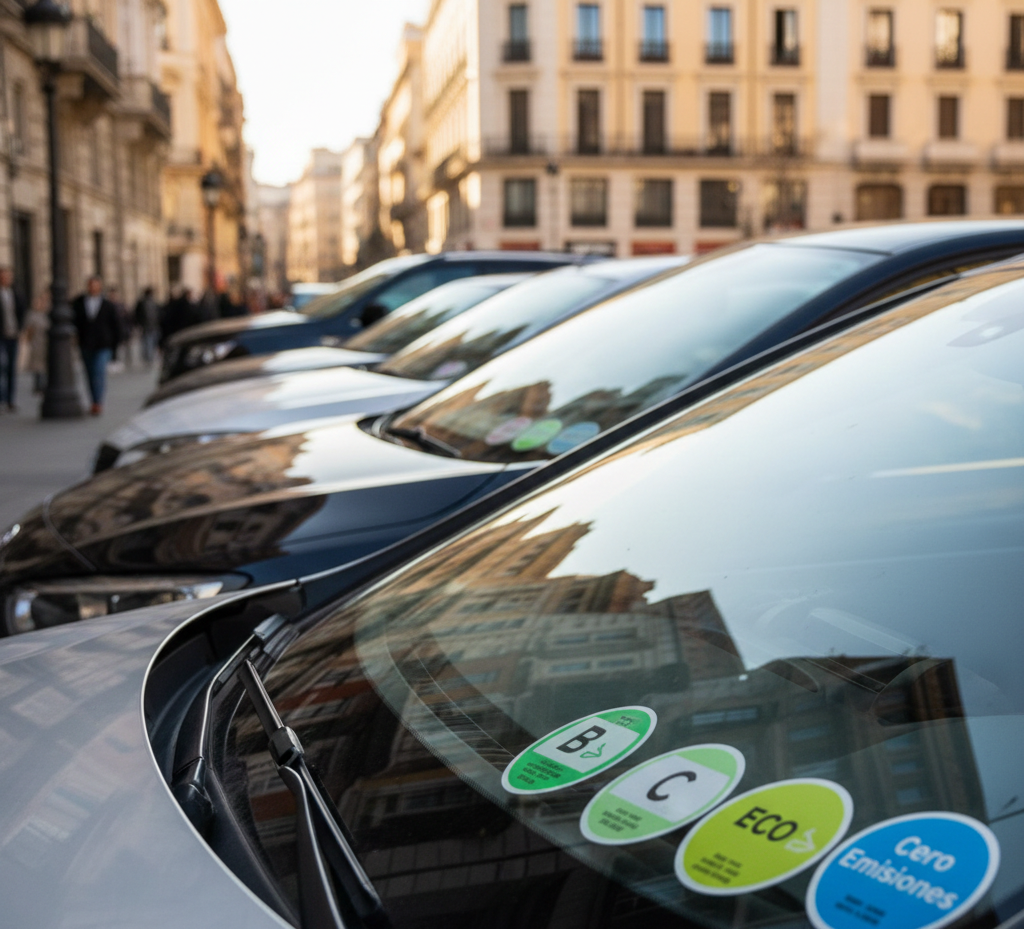 Etiquetas ambientales de la DGT en coches aparcados en una ciudad.