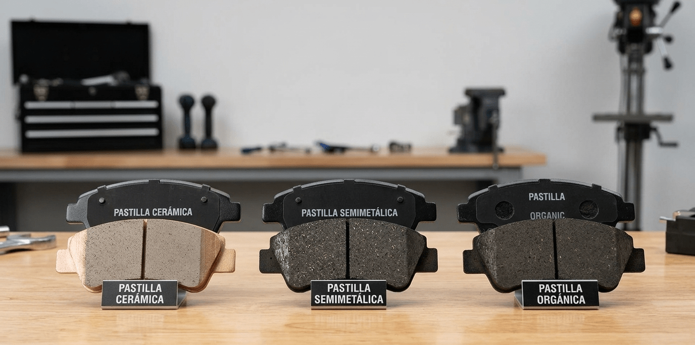 Comparación entre pastillas de freno cerámicas, semimetálicas y orgánicas para coche.