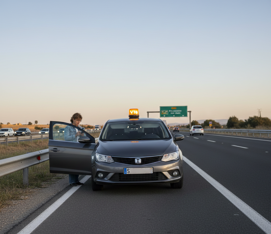 Baliza V16 señalizando un vehículo detenido en el arcén de la carretera.
