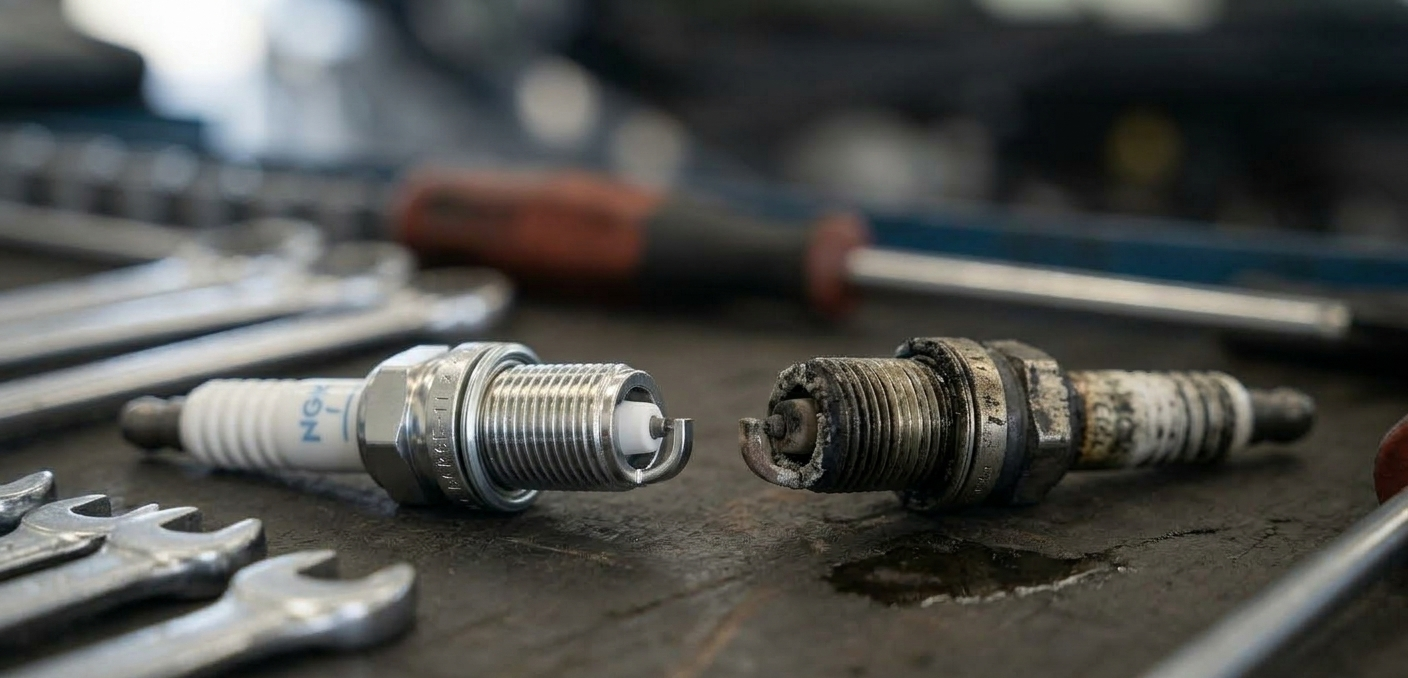 Comparación entre bujía nueva y bujía desgastada de un motor de gasolina.