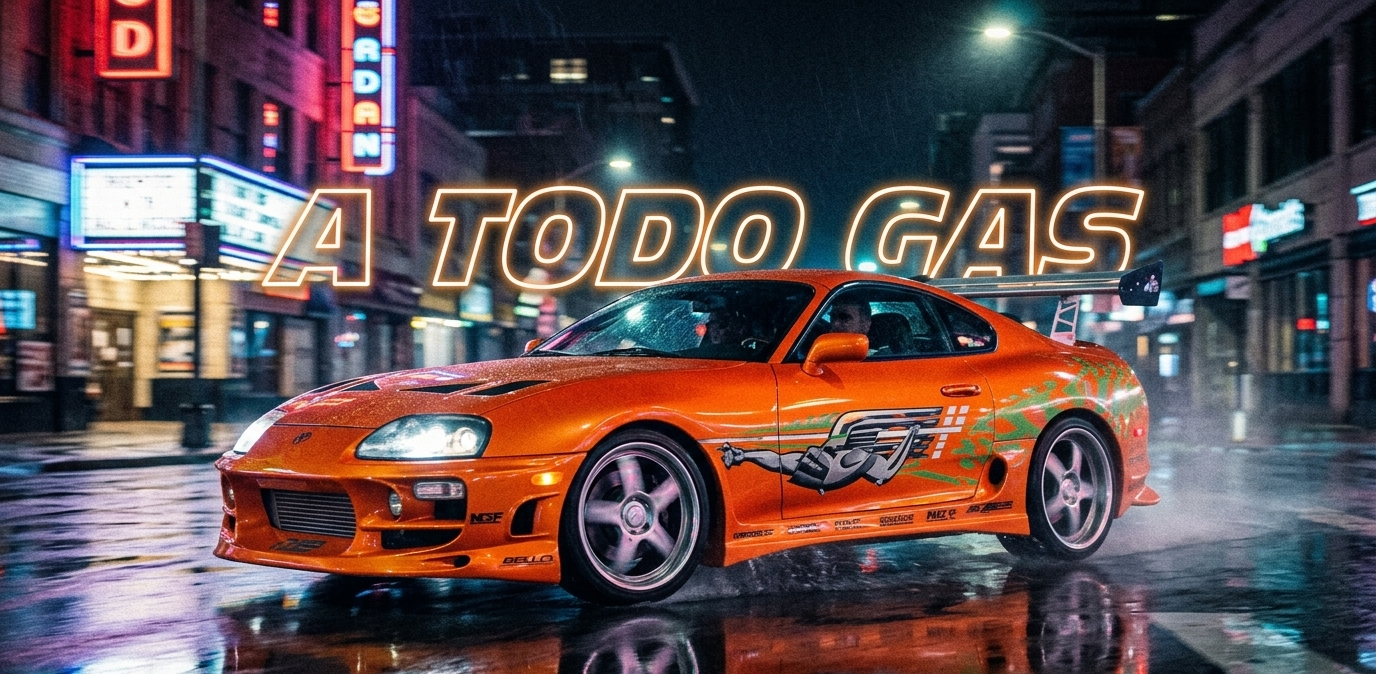 Coche deportivo japonés estilo Toyota Supra inspirado en la saga A Todo Gas acelerando de noche.