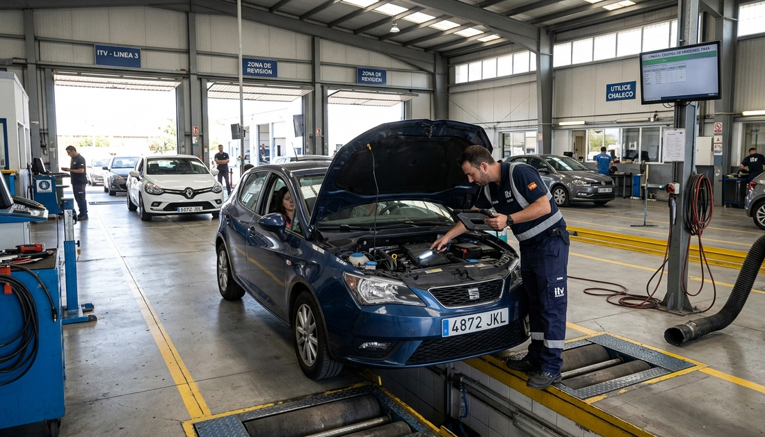 Coche pasando la inspección técnica de vehículos en una estación ITV en España.