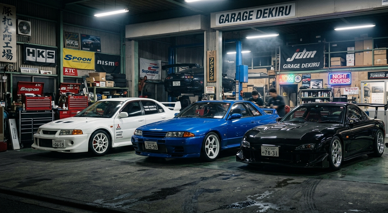 Coches japoneses icónicos de Gran Turismo en un garaje automotriz.