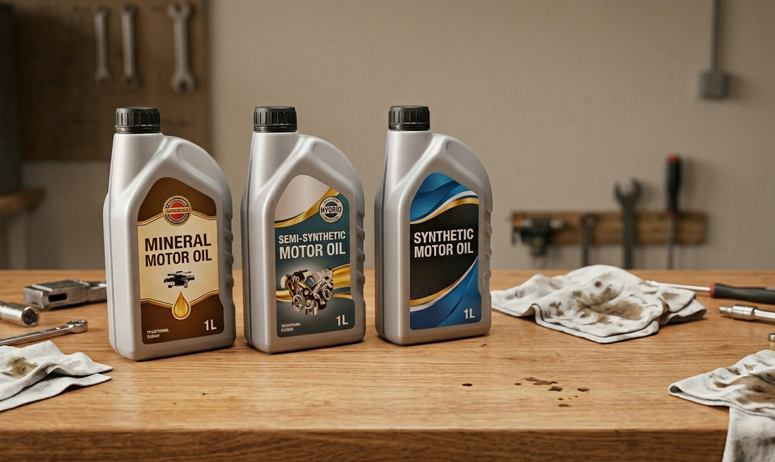 “Botes de aceite mineral, semisintético y sintético sobre un banco de trabajo junto a un motor en miniatura.”