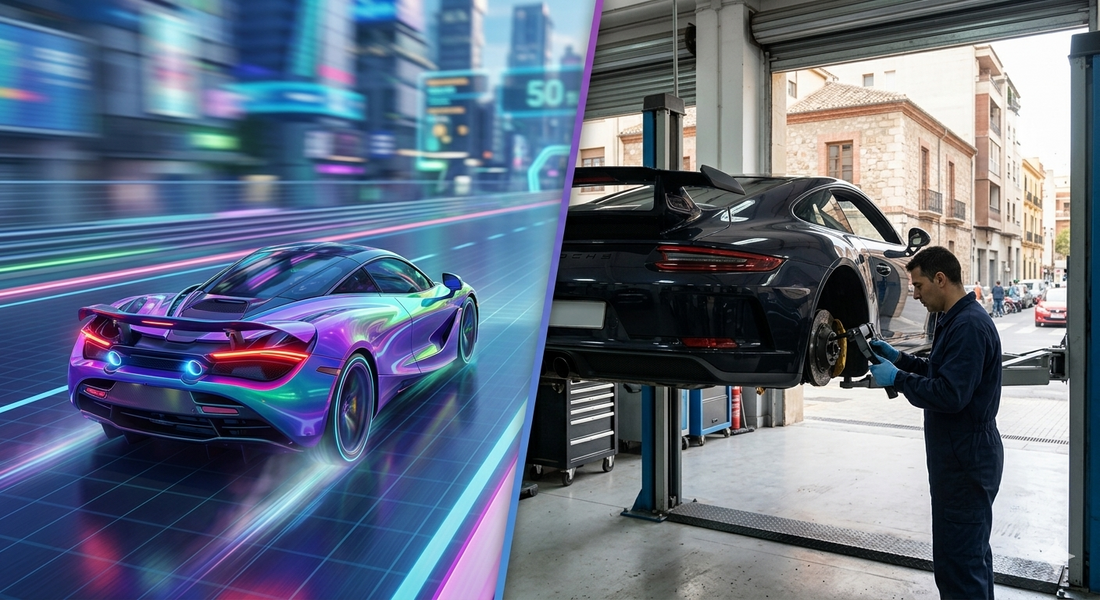 “Comparación visual entre un coche deportivo en un videojuego y el mismo modelo revisado en un taller real.”