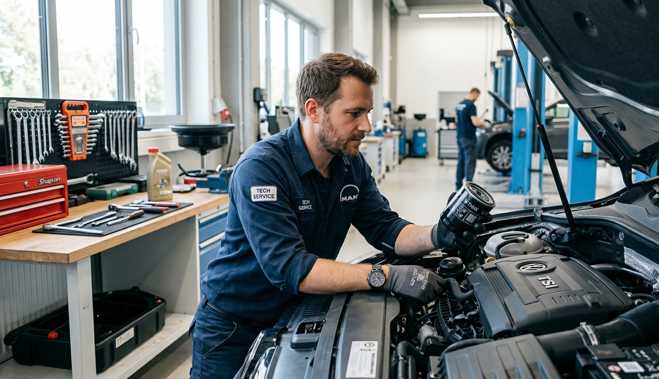Mecánico revisando un filtro de aceite nuevo antes de instalarlo en el motor de un coche.