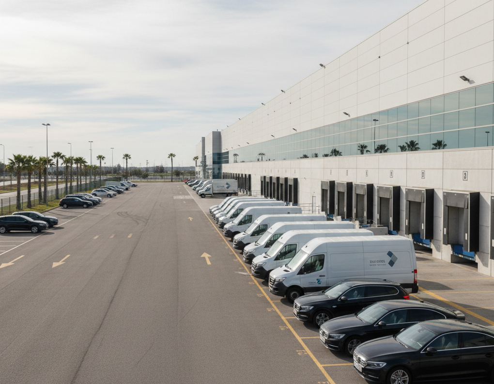 Flota de vehículos de empresa utilizada para reparto y actividad comercial diaria.