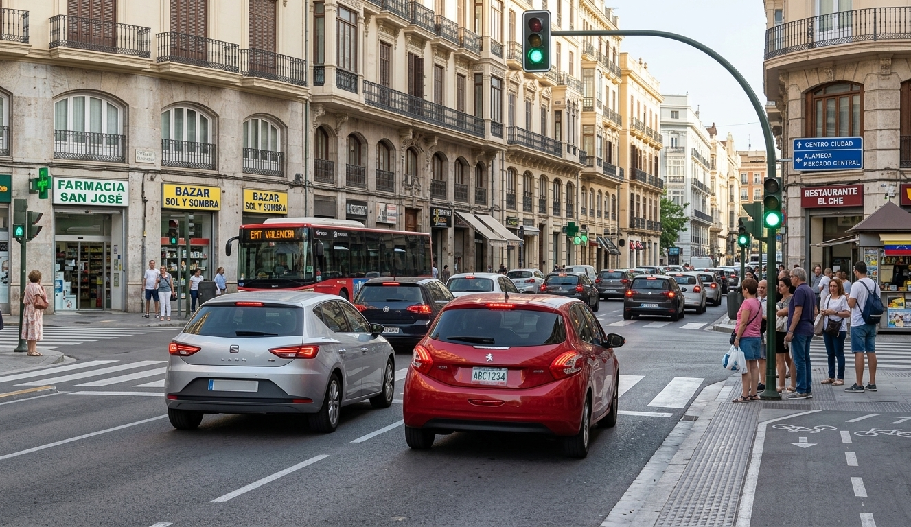 Coche detenido frente a un semáforo en verde en un cruce urbano.