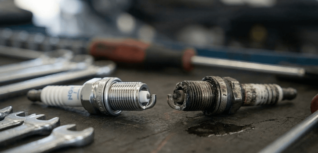 Comparación entre bujía nueva y bujía desgastada de un motor de gasolina.