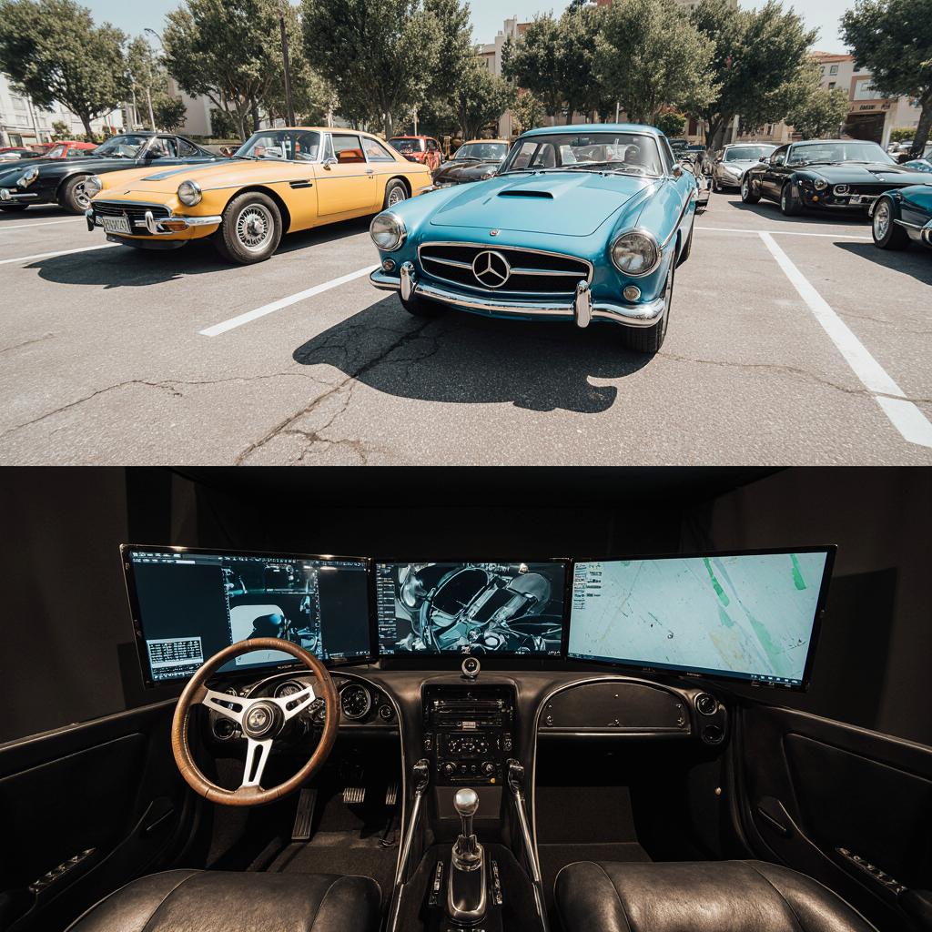 Comparación entre concentración de coches clásicos y simulador de conducción profesional en casa.