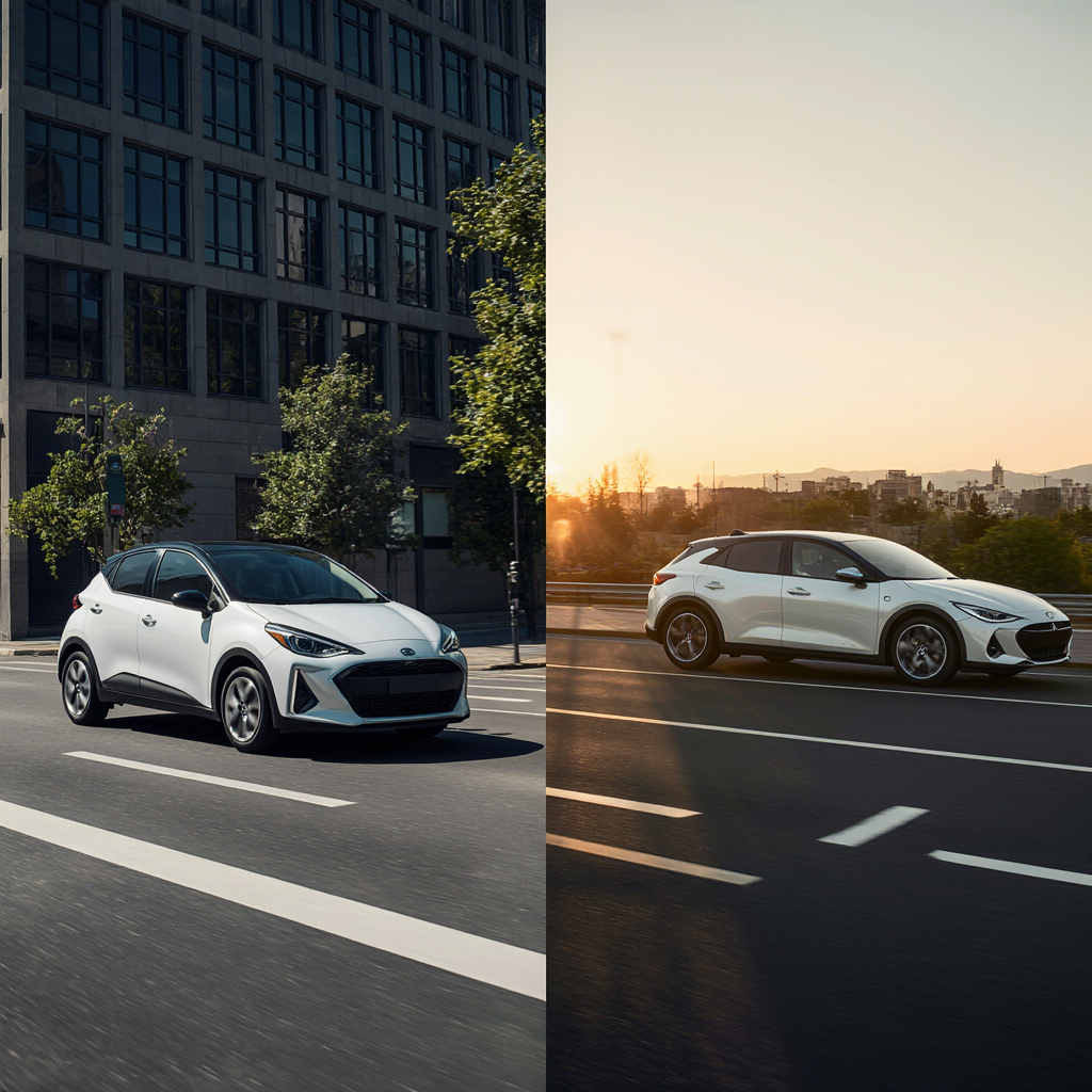 Comparativa visual entre un coche híbrido urbano y un deportivo en carretera abierta, representando la elección racional frente a la emocional.