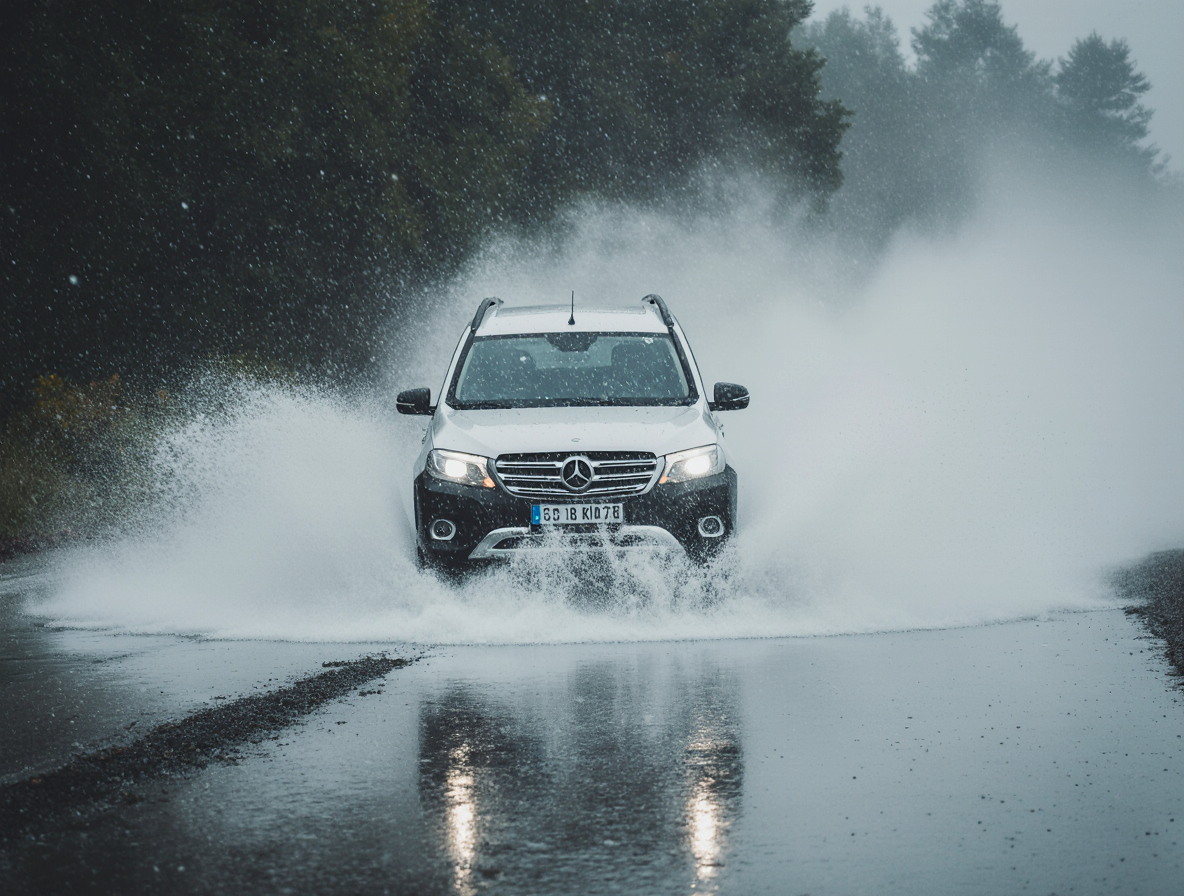 Conducción segura bajo lluvia intensa en invierno.
