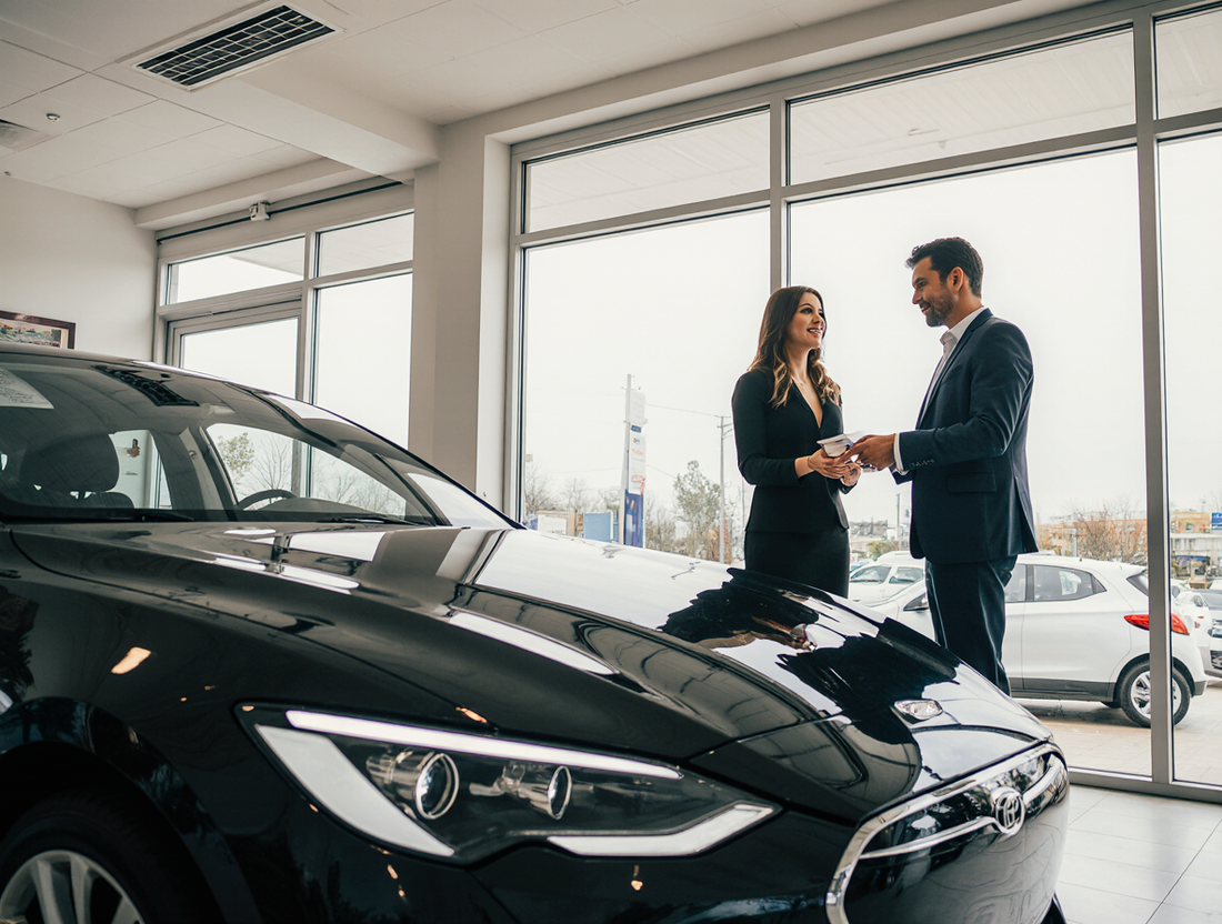 Cliente en un concesionario español informándose sobre ayudas del Plan Auto+ para comprar un coche eléctrico en 2026.