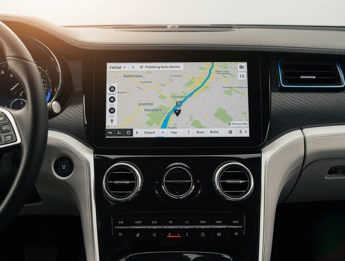 Pantalla central de un coche moderno mostrando asistente inteligente y sistema de navegación activo