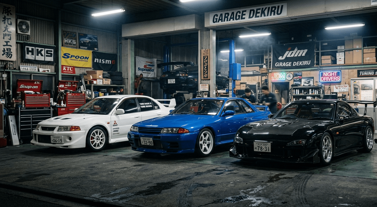Coches japoneses icónicos de Gran Turismo en un garaje automotriz.