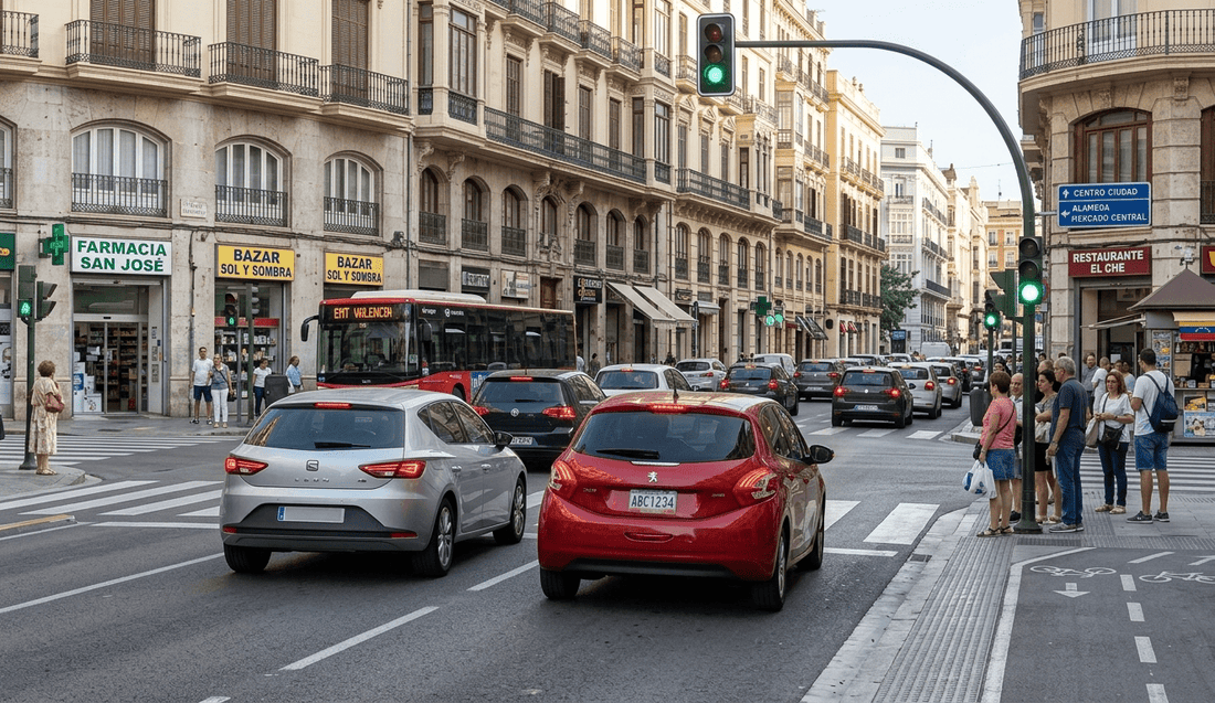 Coche detenido frente a un semáforo en verde en un cruce urbano.