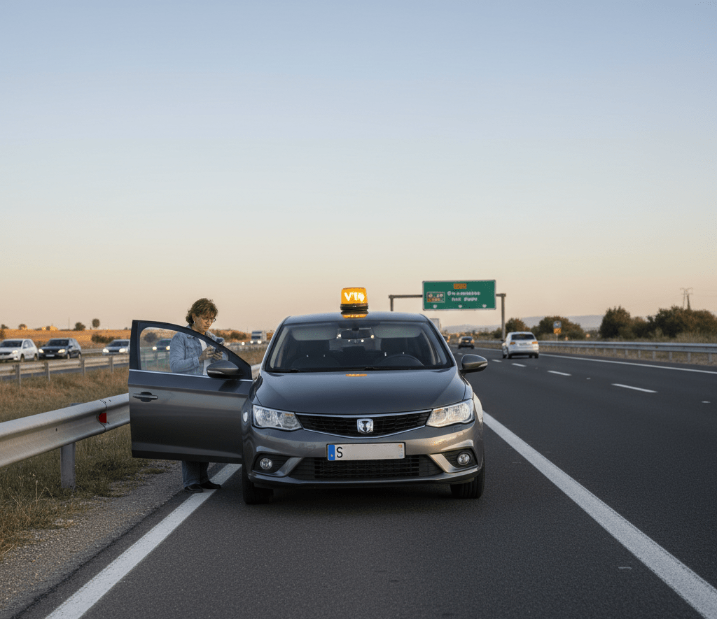 Baliza V16 señalizando un vehículo detenido en el arcén de la carretera.