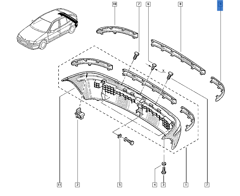 Moldura izq paragolpes trasero Renault Megane I