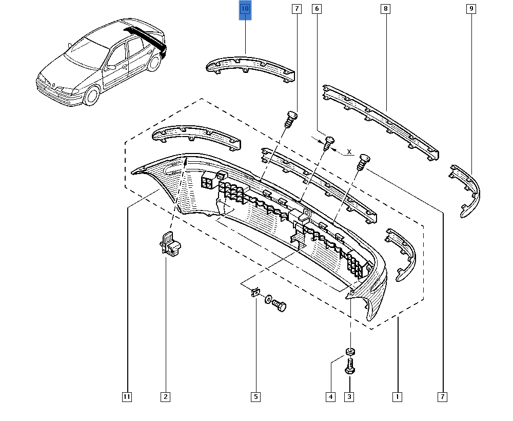 Moldura dcha paragolpes trasero Renault Megane I