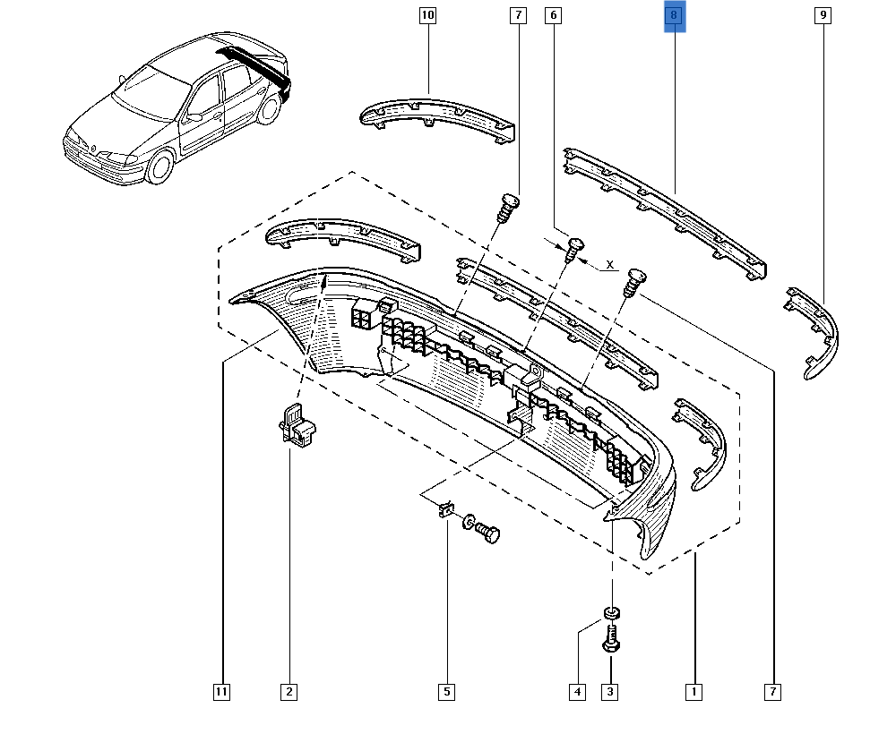 Moldura central paragolpes trasero Renault Megane I