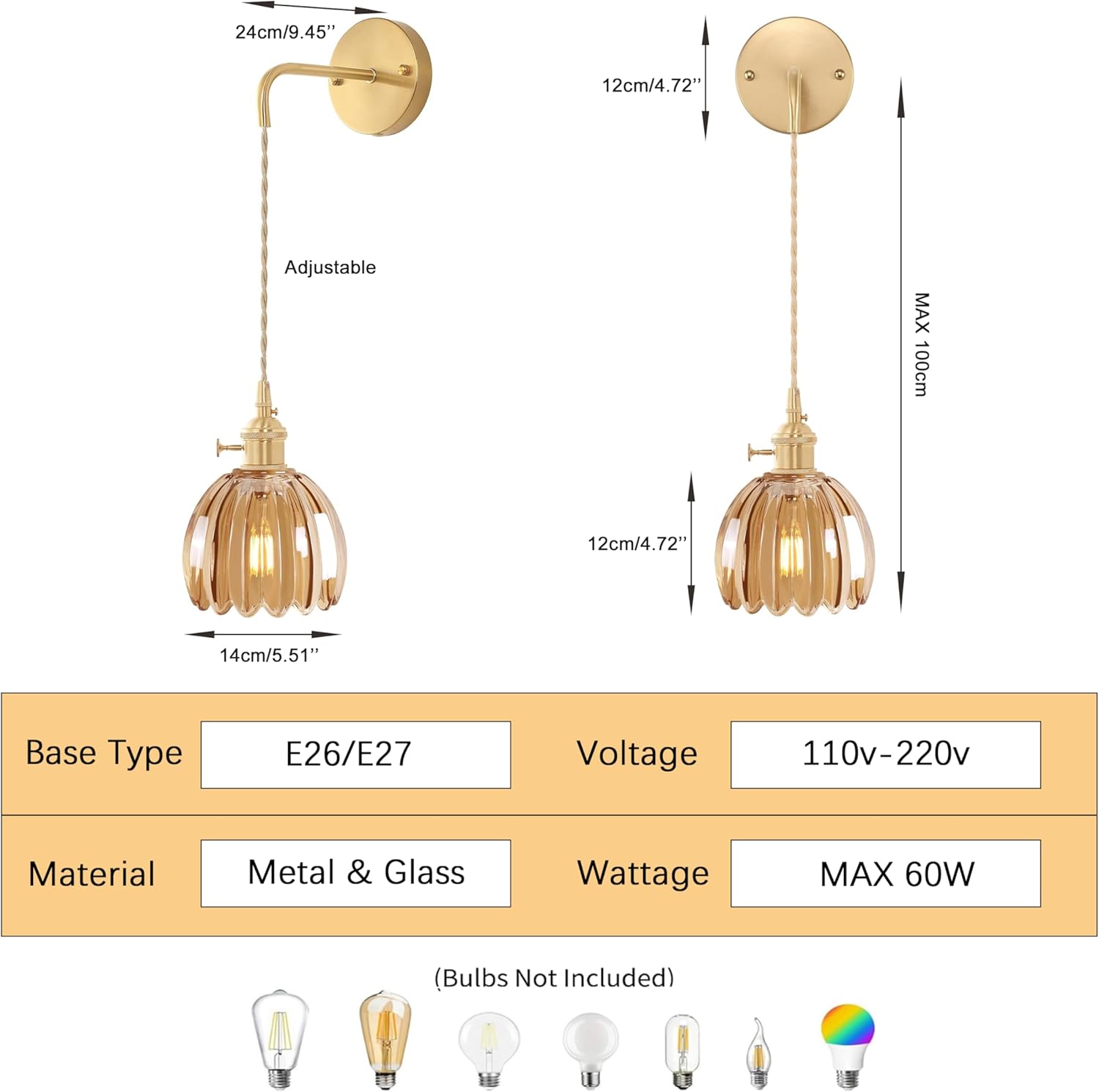 Pack de 2 Apliques de Pared Vintage "Amber Glow" – Elegancia Dorada y Vidrio Acanalado