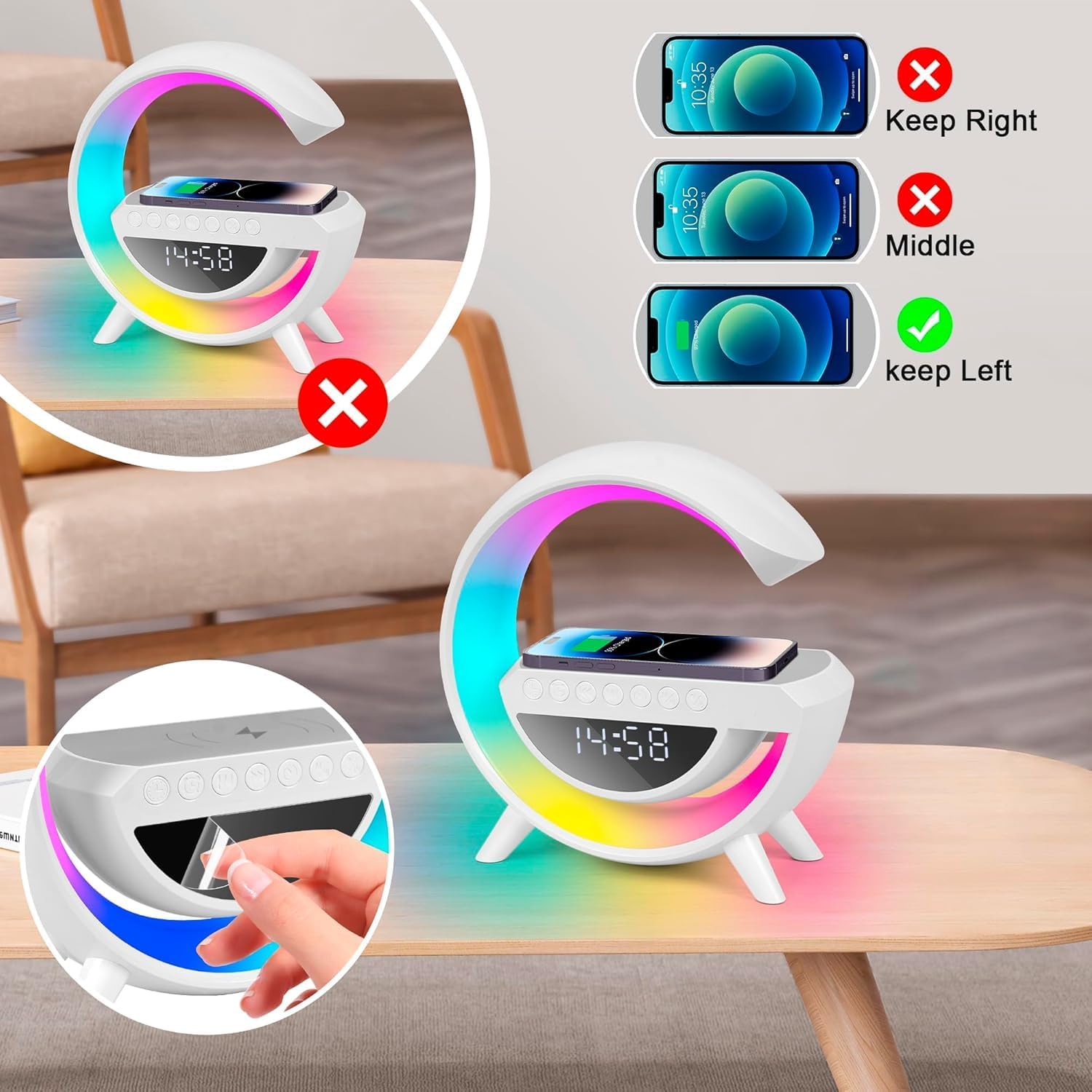 Lámpara Inteligente 5 en 1: Cargador 15W, Altavoz Bluetooth y Despertador RGB