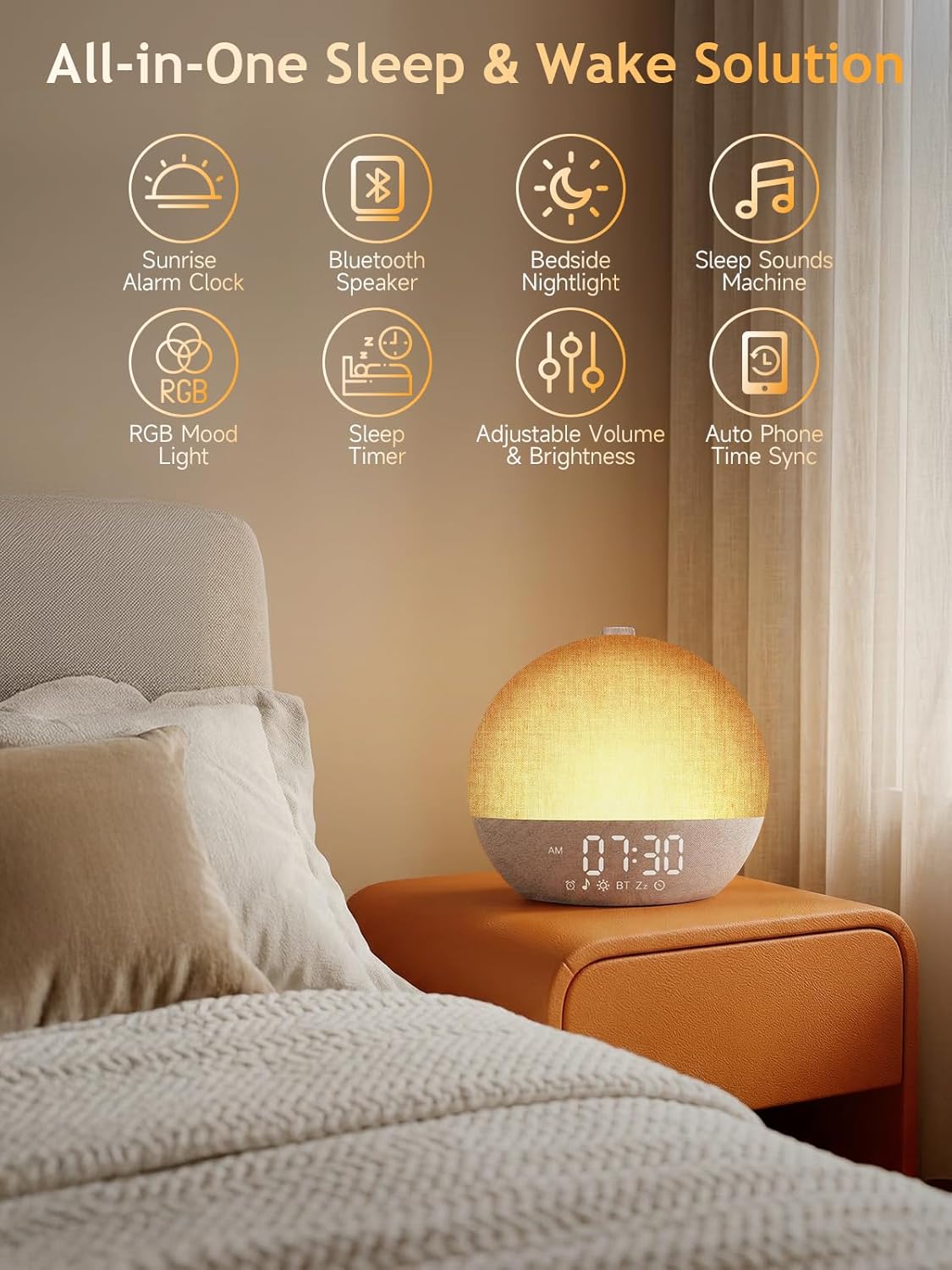 Despertador "Sunrise" Honestself – Luz de Amanecer, Altavoz Bluetooth y Sonidos de la Naturaleza