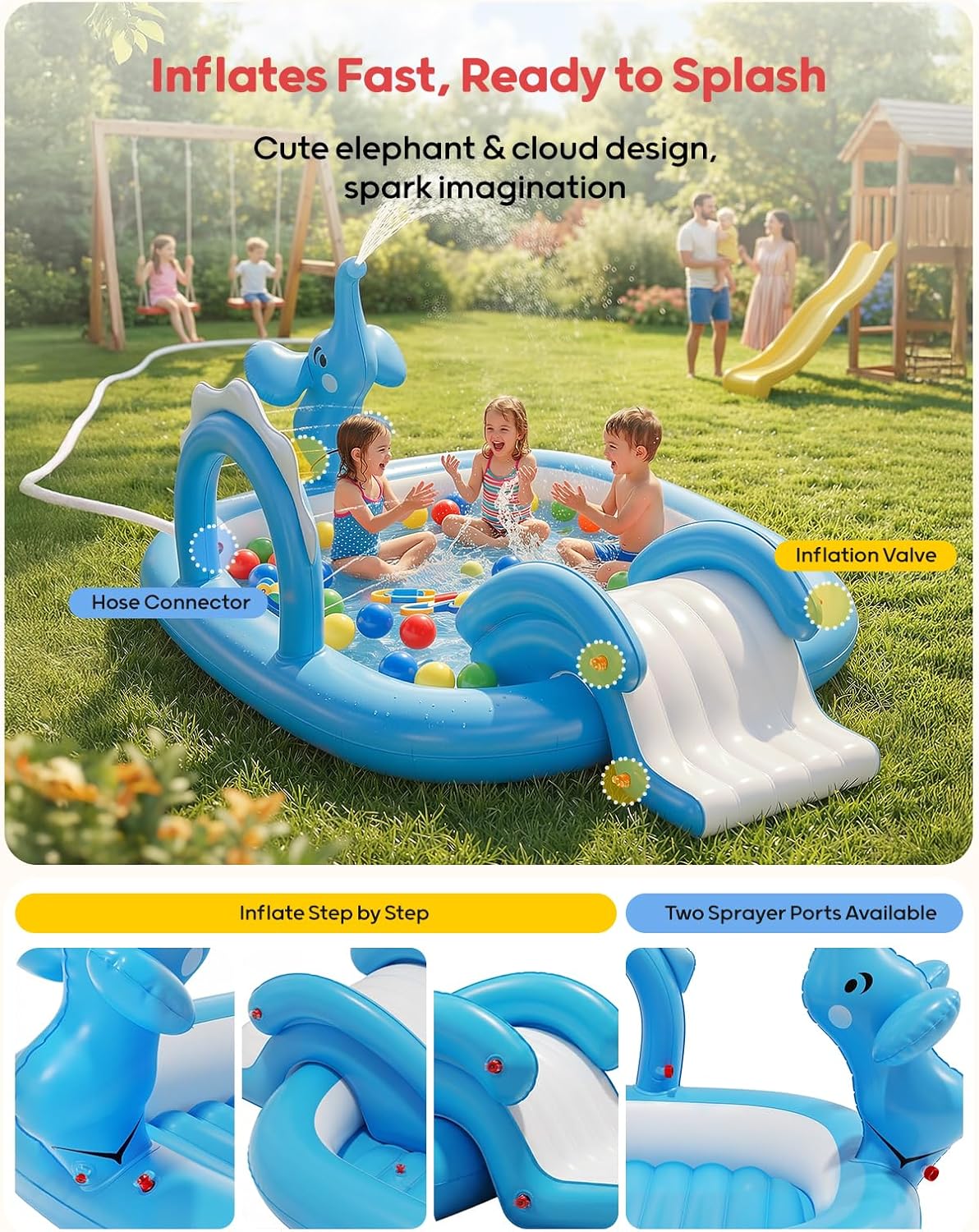 Centro de Juegos Acuático "Elefante Mágico" – Piscina Infantil con Tobogán y Rociadores