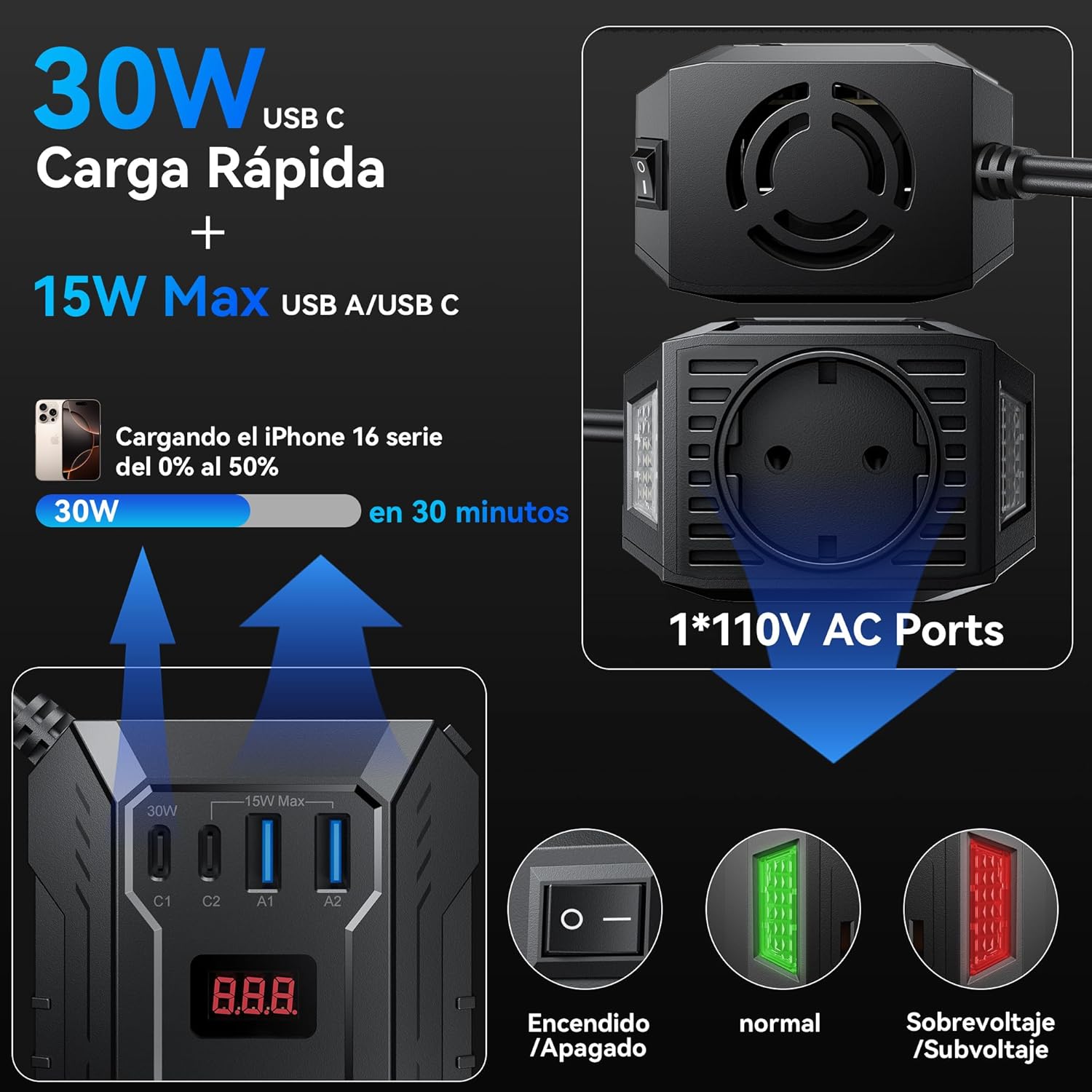 Inversor de Corriente BESTEK 400W – Onda Sinusoidal Pura de 12V a 220V