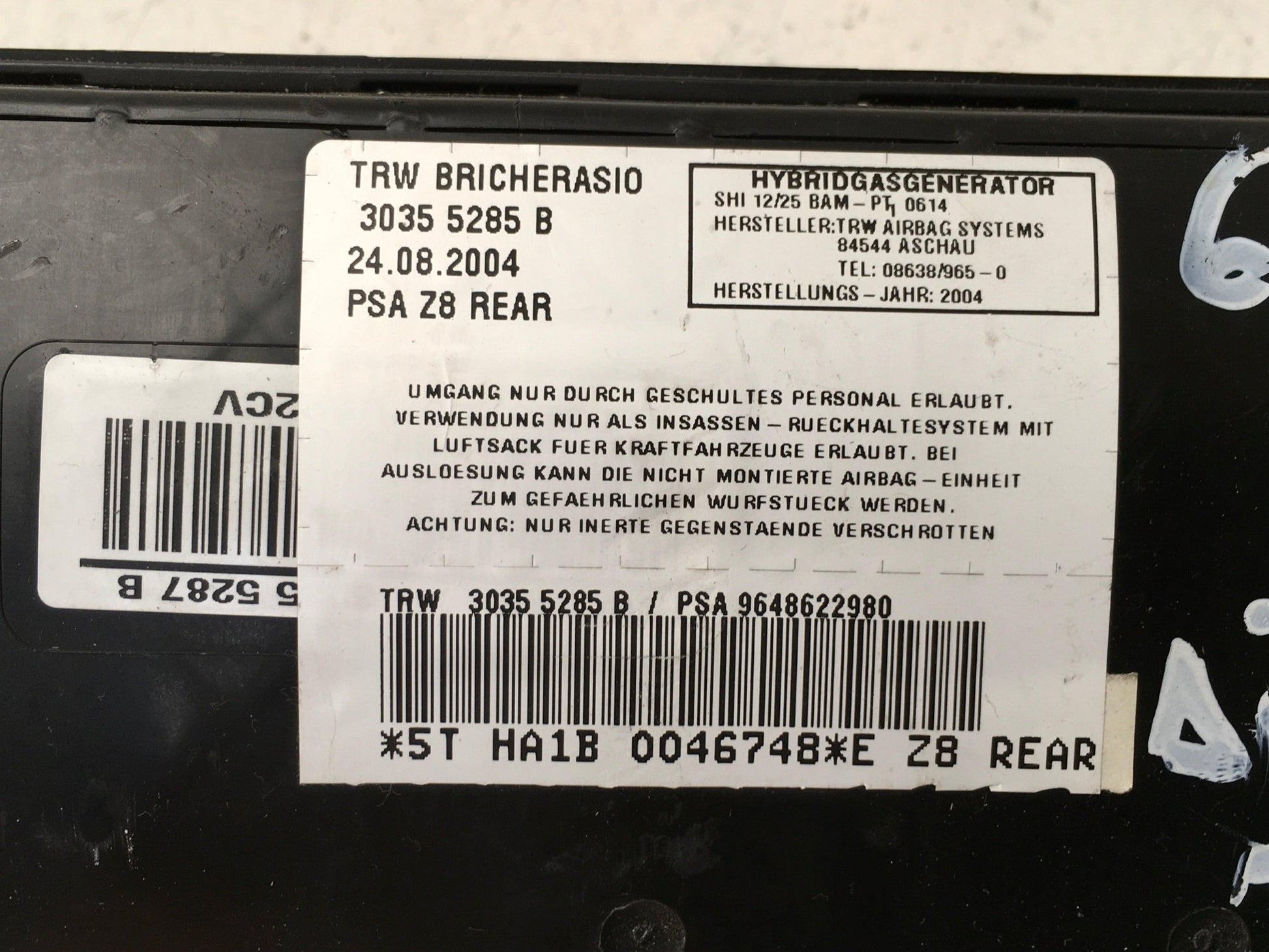 Airbag tra izq Peugeot 607 - 9648622980