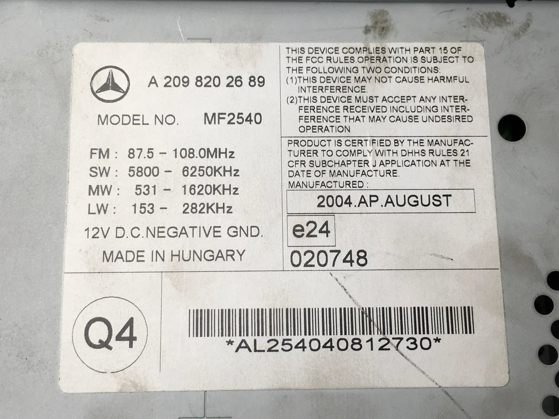 Radio CD Mercedes A2098202689