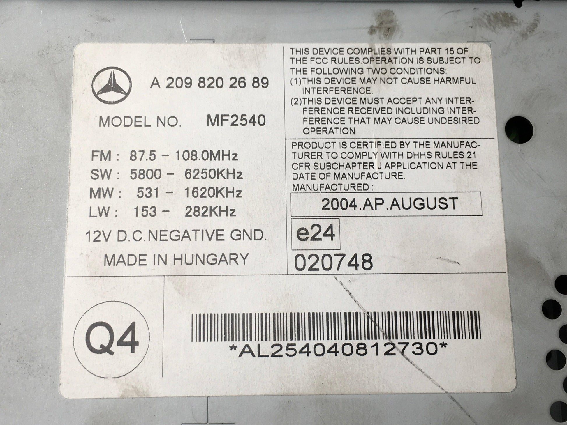 Radio CD Mercedes A2098202689 - A2098202689