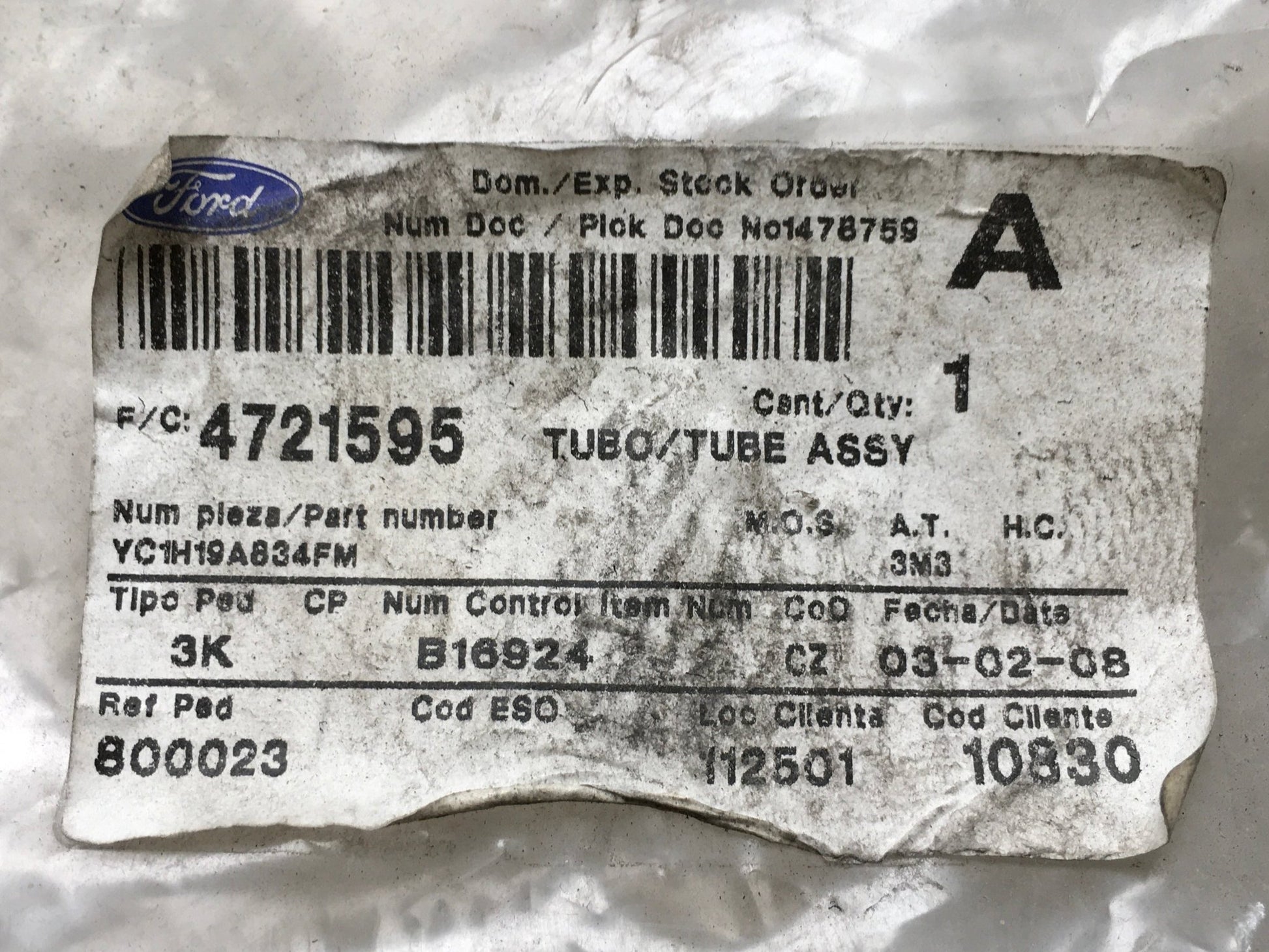 Tubo A/C Ford Kuga II Focus III - YC1H19A834FM