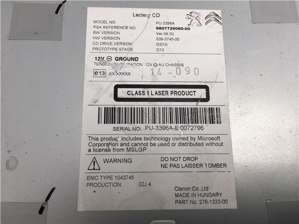 Lector de cd Peugeot 508 - 9807729080