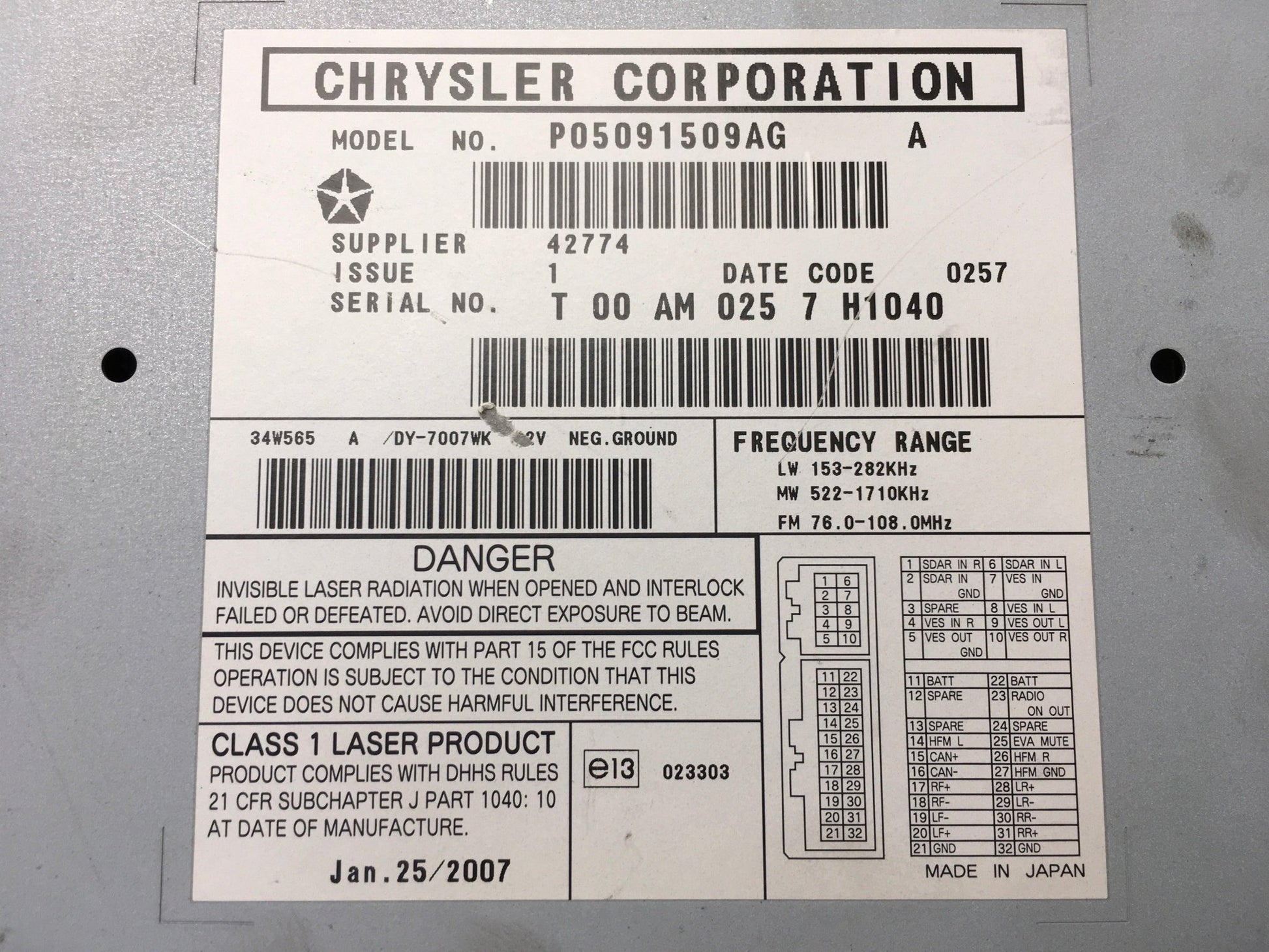 Radio CD Jeep P05091509AG - P05091509AG