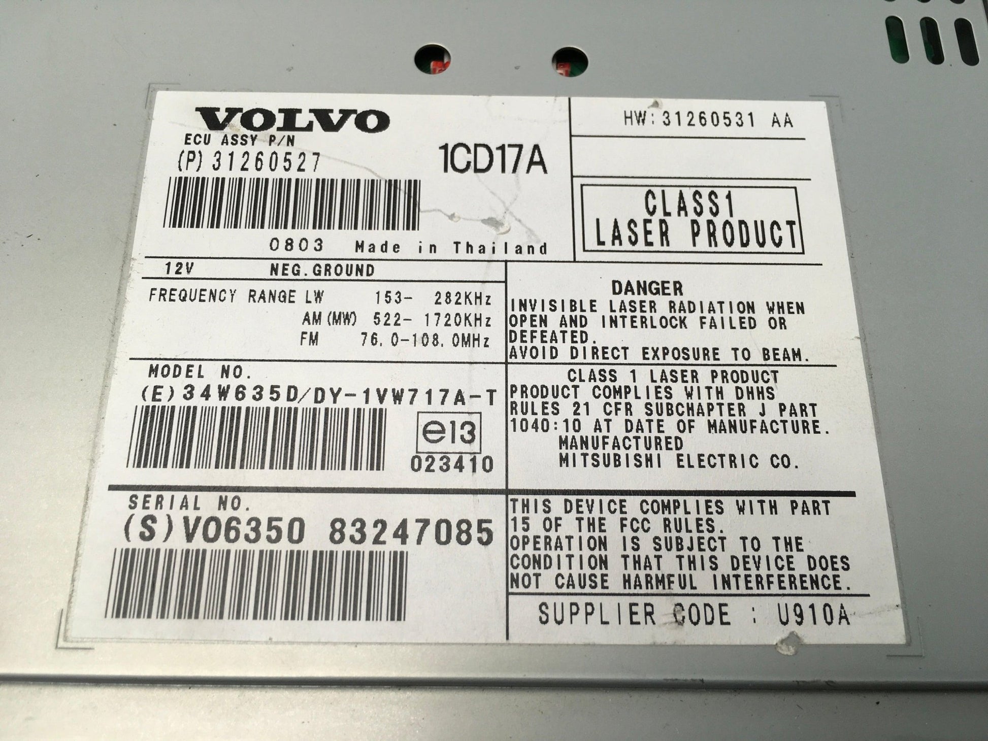 Sistema audio Volvo 31260527 - 1CD17A